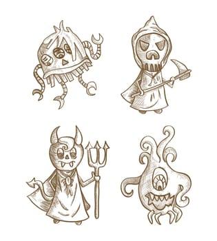 Halloween classic monsters isolated spooky hand drawn creatures set. EPS10 vector file organized in layers for easy editing.