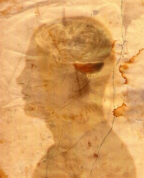 Man with hole in the brain in grunge style