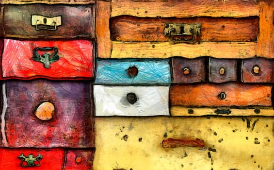 Abstract painting of the various old drawers - chest of drawers - in utter secrecy