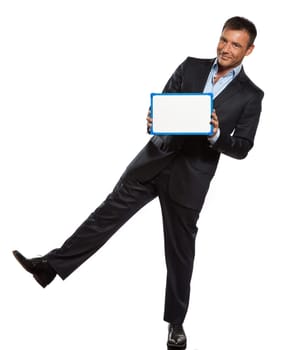 one caucasian business man holding showing whiteboard full length in studio isolated on white background