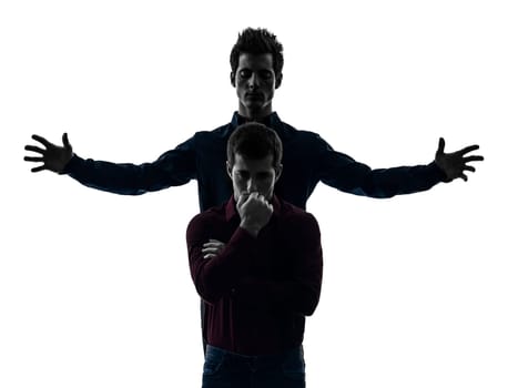two caucasian young men domination concept shadow  white background