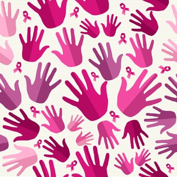 Breast cancer awareness ribbon elements women hands seamless pattern background. Vector file organized in layers for easy editing. .