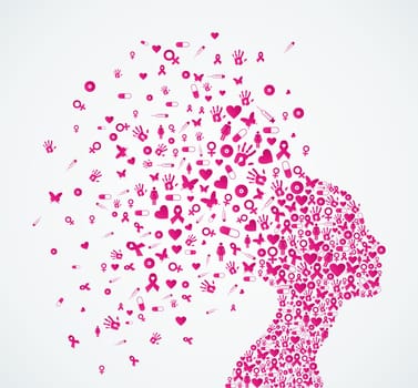 Breast cancer awareness, woman head shape with ribbon care elements splash composition. Vector file organized in layers for easy editing.
