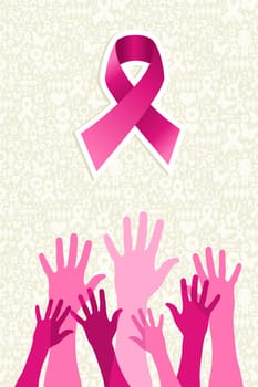 Breast cancer awareness ribbon elements women hands shape composition. Vector file organized in layers for easy editing.