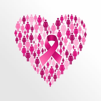 Breast cancer awareness ribbon elements women figures heart shape composition. Vector file organized in layers for easy editing. .