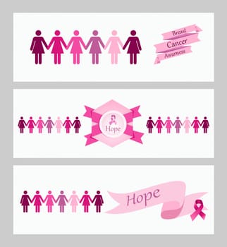 Breast cancer awareness ribbon women figures and elements web banners set. Vector file organized in layers for easy editing.