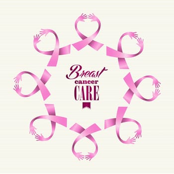 Breast cancer awareness ribbon elements women hands circle shape composition. Vector file organized in layers for easy editing.