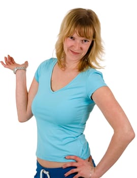 Upper-body shot of a young blonde woman against a white background  left hand at hip,right palm complacently held up at shoulder height