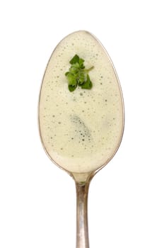 Spoon with foam of herbal soup with marjoram