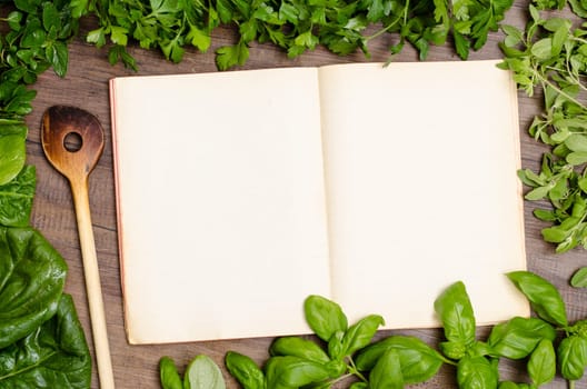 Green herbs as a frame around a cookbook for recipes