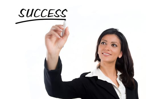 young business woman makes a mark on a transparent plate