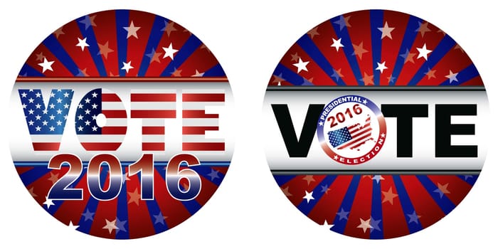 Vote 2016 Presidential Election Buttons with Stars and Stripes Sunburst Illustration