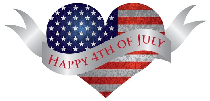 Fourth of July USA Flag in Heart Shape with Texture and Scroll with Happy 4th of July Text Illustration