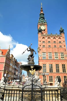The famous fountain of Neptune in the old town of Gdansk, Poland