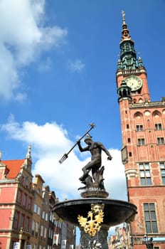 The famous fountain of Neptune in the old town of Gdansk, Poland