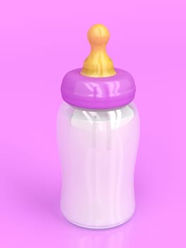 Baby bottle with milk on shiny purple background