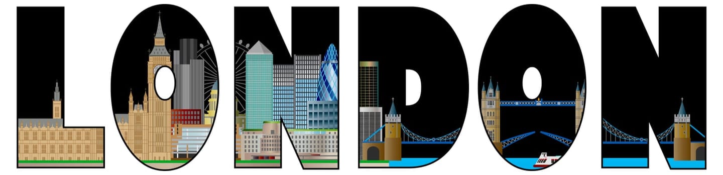London England Skyline Panorama with Tower Bridge and Westminster Palace Text Outline Color Illustration