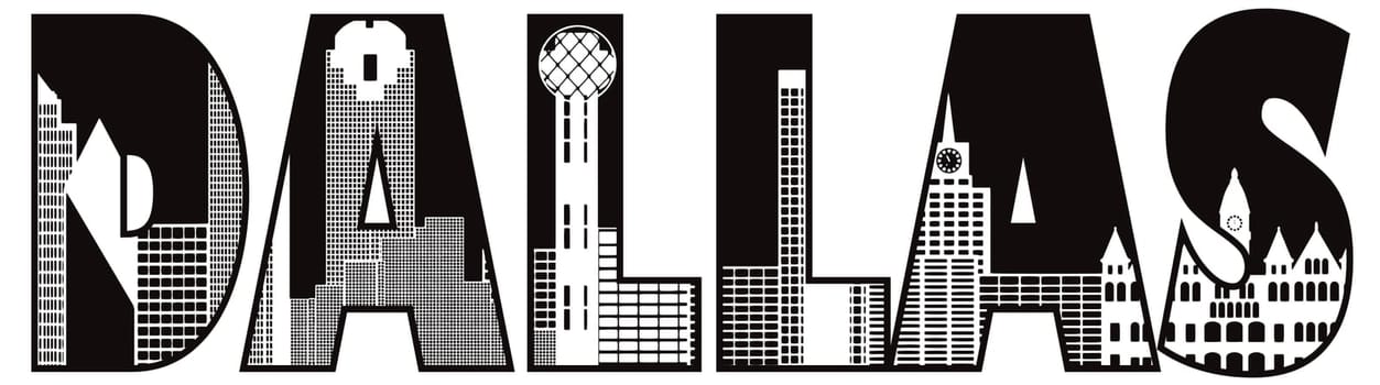 Dallas Texas City Skyline Text Outline Black and White Silhouette Illustration