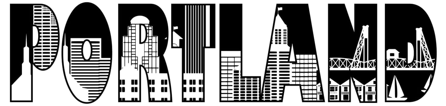 Portland Oregon Downtown City Skyline Text Outline Black and White Silhouette Illustration