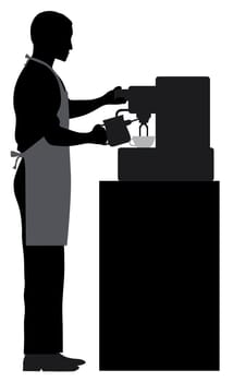 Male Coffee Barista Silhouette Making Espresso and Steaming Milk with Espresso Machine Illustration