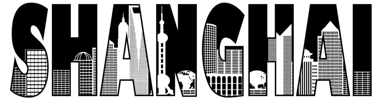 Shanghai China City Skyline Text Outline Black and White Illustration