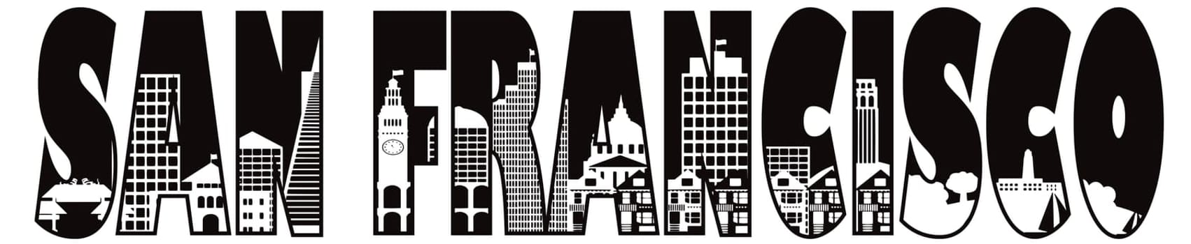 San Francisco California City Skyline Text Outline Black and White Illustration