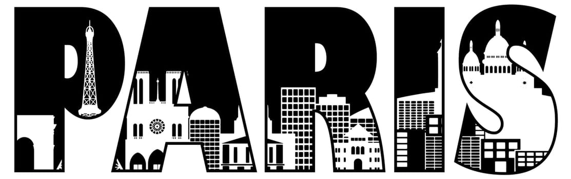 Paris France City Skyline Text Outline Black and White Silhouette Illustration