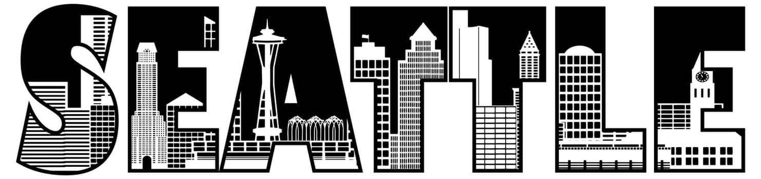 Seattle Washington City Skyline Text Outline Silhouette Black and White Illustration