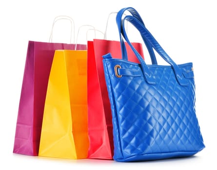 Paper shopping bags and handbag isolated on white background