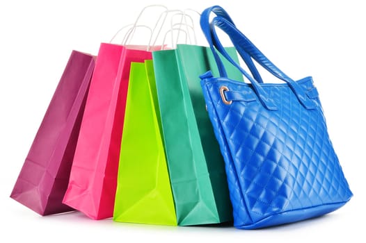 Paper shopping bags and handbag isolated on white background