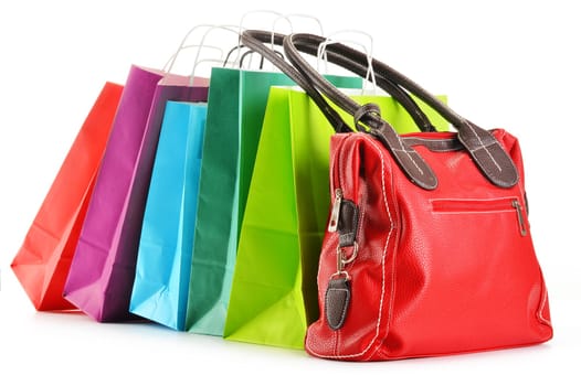 Paper shopping bags and handbag isolated on white background