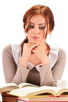 Young woman reading a book. Female student learning.