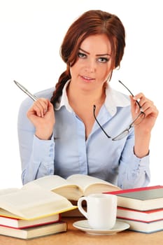 Young woman reading a book. Female student learning.