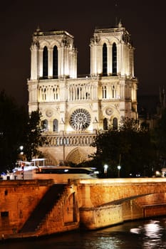 Notre-Dame Cathedral in Paris, France by night.