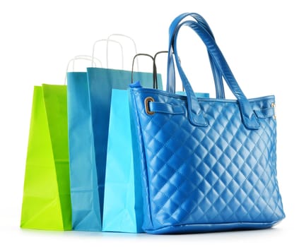 Paper shopping bags and handbag isolated on white background
