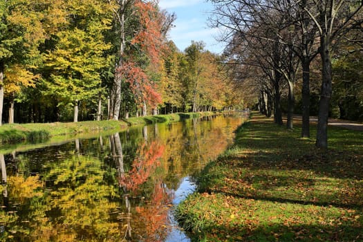 Colours in autumn,forest reflected in the water