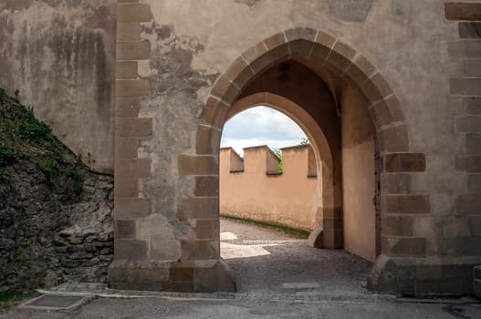Entrance door of a medieval castle in Europe.
