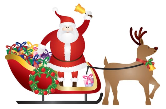 Santa Claus Ringing Bell in Sleigh Pulled by Reindeer Delivering Wrapped Presents Isolated on White Background Illustration