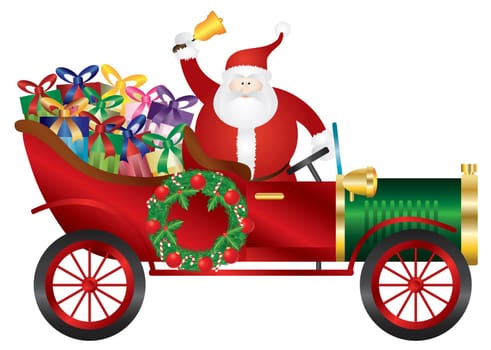 Santa Claus Ringing Bell in Vintage Car Delivering Wrapped Presents Isolated on White Background Illustration