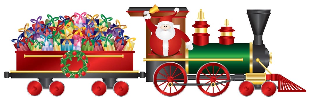 Santa Claus Ringing Bell on Train Delivering Wrapped Presents Isolated on White Background Illustration