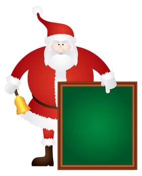 Santa Claus Ringing Golden Bell and Pointing to Blank Sign Chalk Board Isolated on White Background Illustration