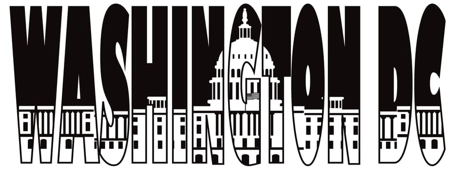 Washington DC Capitol Building Text Outline Black and White Silhouette Illustration