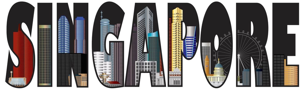 Singapore City Skyline Text Outline Panorama Color Illustration