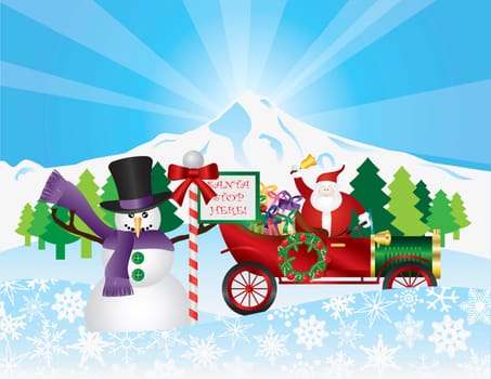 Santa Claus on Vintage Car with Winter Snow Scene with Snowman Trees and Stop Sign Illustration