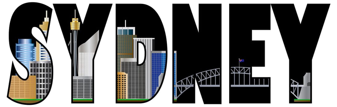 Sydney Australia Text Outline with Tower Bridge Color Illustration