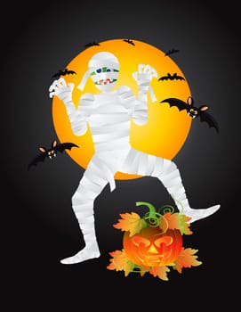 Halloween Mummy with Carved Jack-O-Lantern Pumpkin with Moon and Bats Illustration