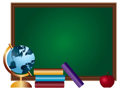 School Classroom Chalkboard Blank with Textbooks Spinning World Globe and Red Apple Illustration