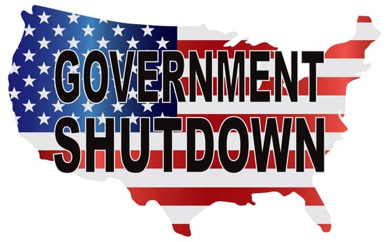 Government Shutdown Text Outline with American USA Flag in Country Map Silhouette Illustration
