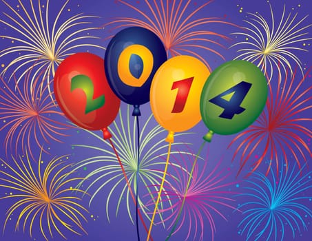 Happy New Year 2014 Balloons with Fireworks Display Background Illustration