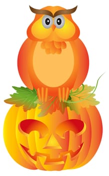 Happy Halloween Orange Fall Color Cartoon Owl Sitting on Jack O Lantern Carved Pumpkin Isolated on White Background Illustration